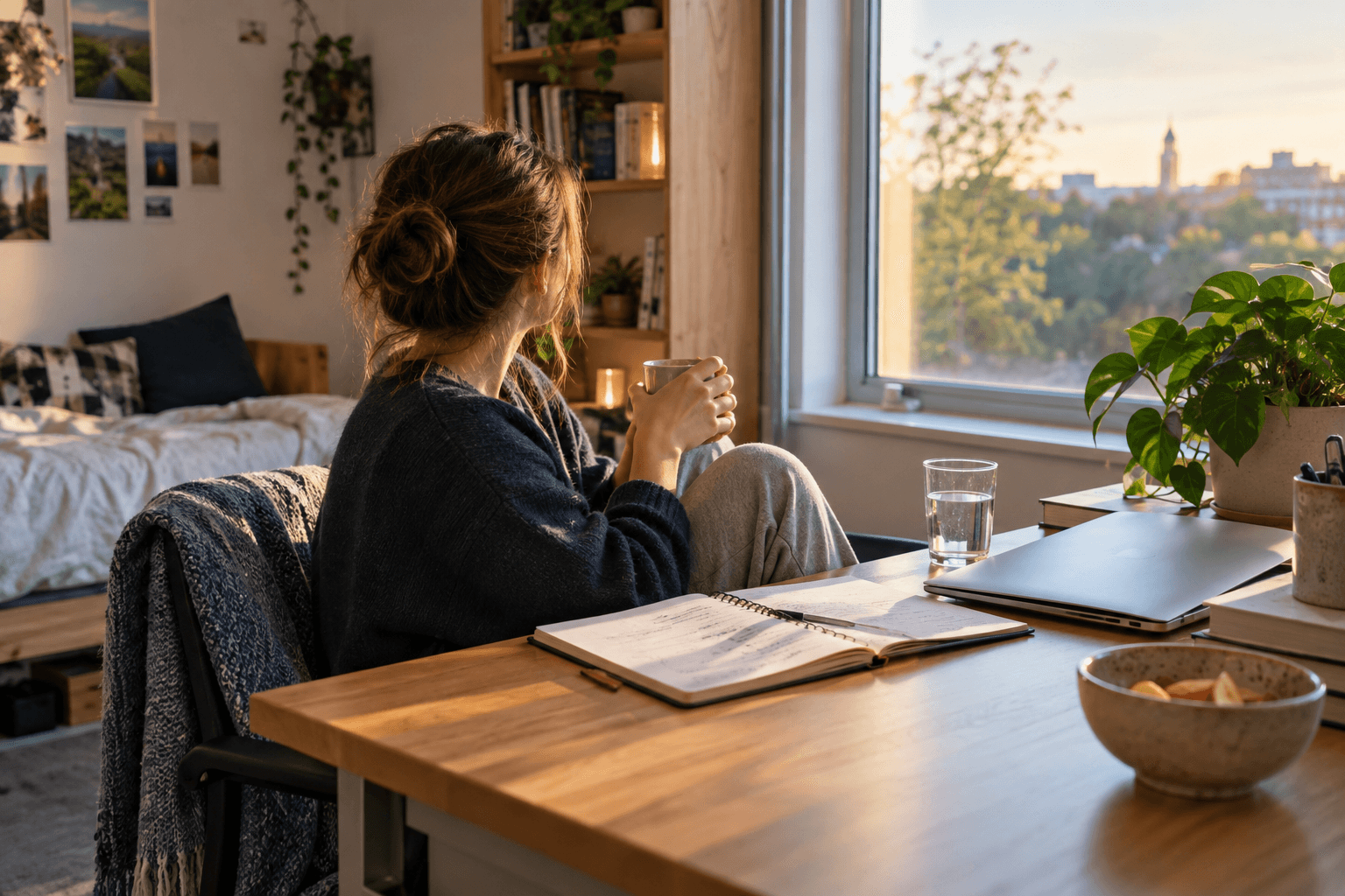University student taking a mindful study break at a desk with notes and a laptop
